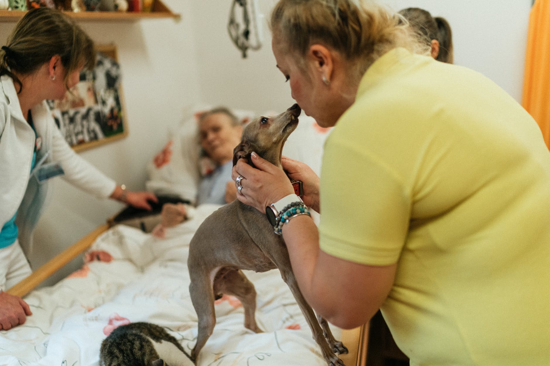 group of three women and a small dog around and on the bed of an ill woman